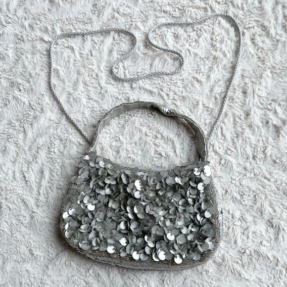 Cache silver beaded sequin mini evening bag convertible crossbody Y2K vintage - Picture 14 of 17